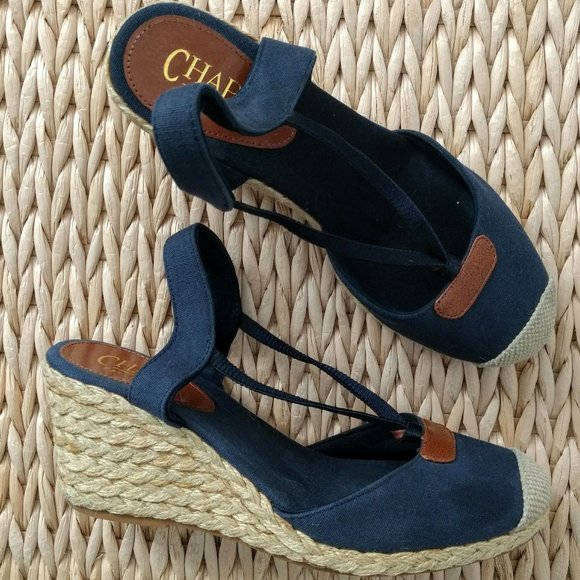 navy slingback wedges